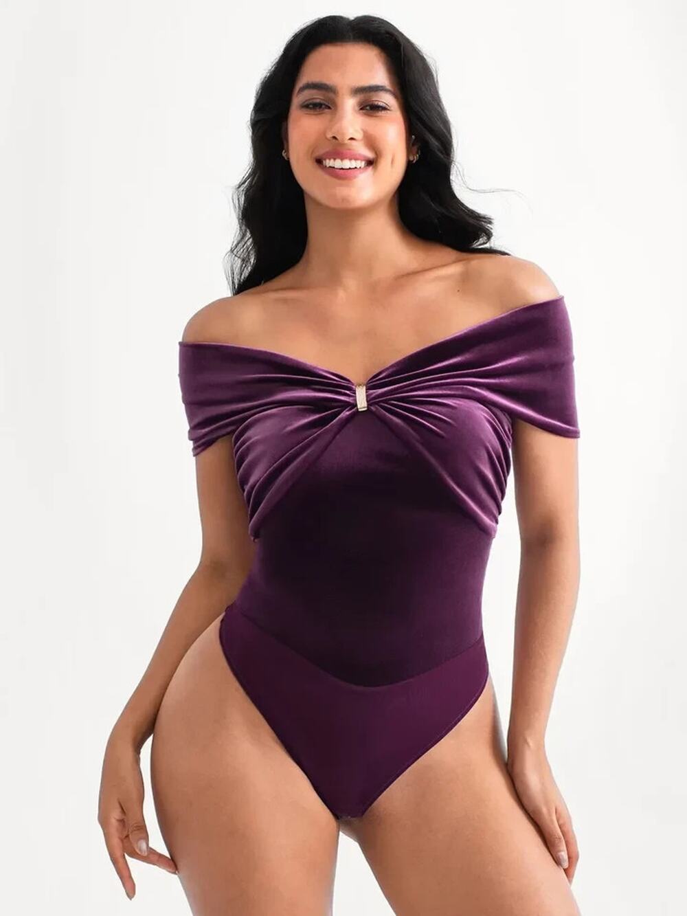 NWT Popilush Velvet Off Shoulder Sculpting Bodysuit Womens L Purple Twist Front